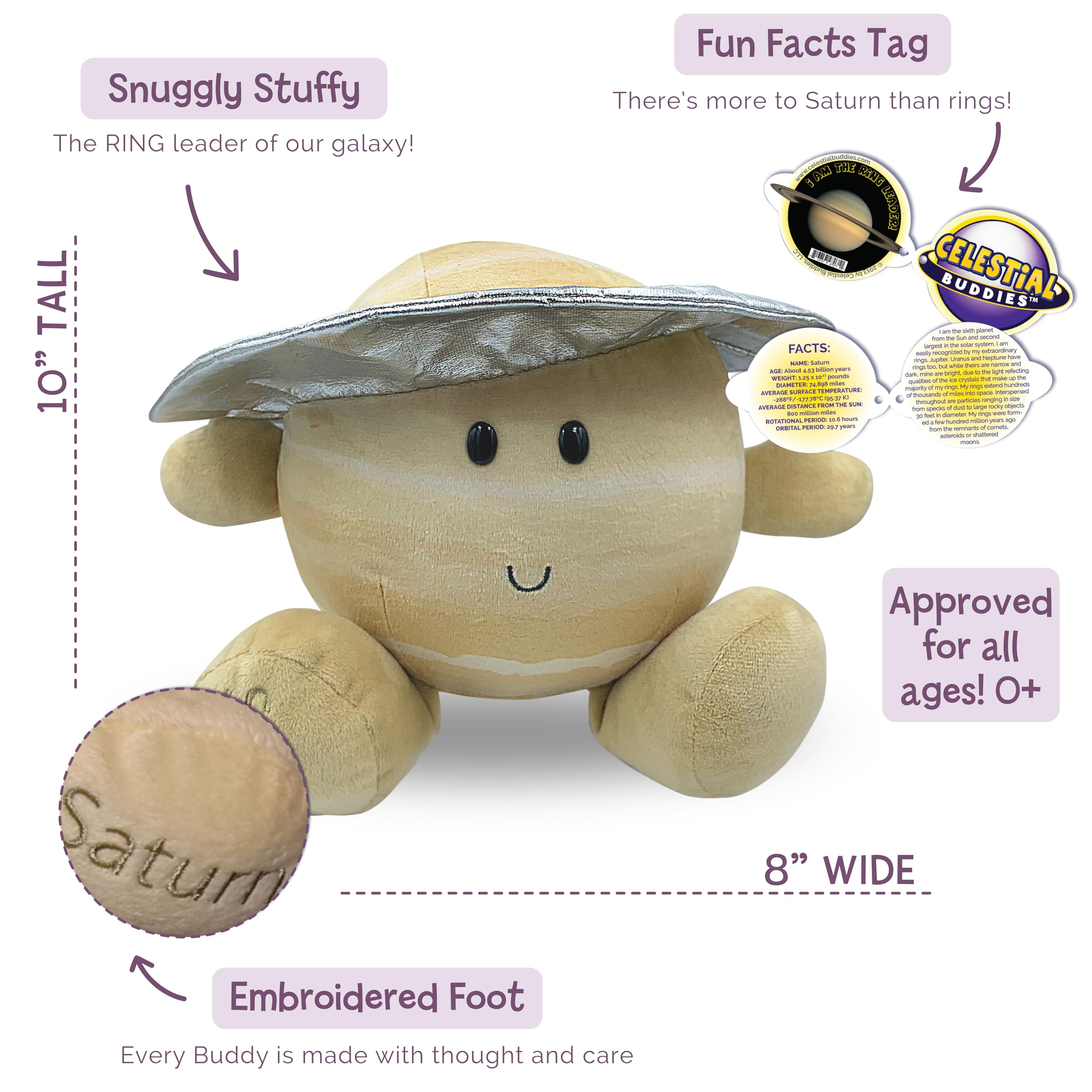 Saturn Buddy's embroidered face from Celestial Buddies adds friendly charm.