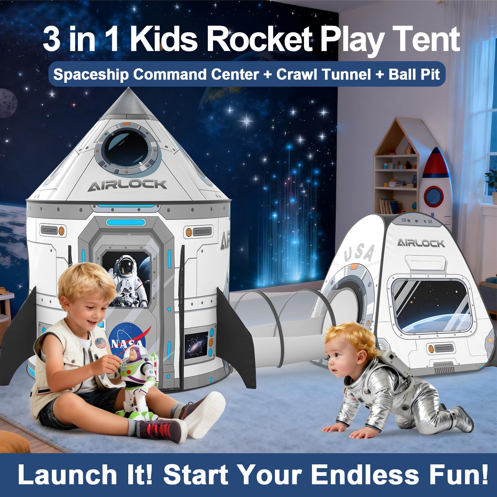 Celontry rocket play tent interior shows mesh window for daytime and night play