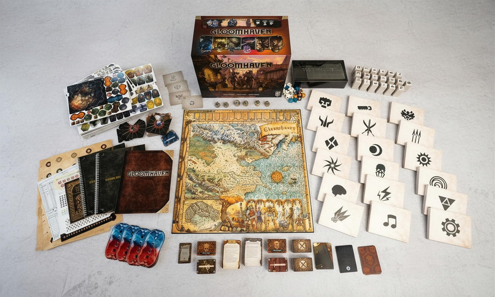 Cephalofair Gloomhaven tiles and map show dungeon exploration and planning.