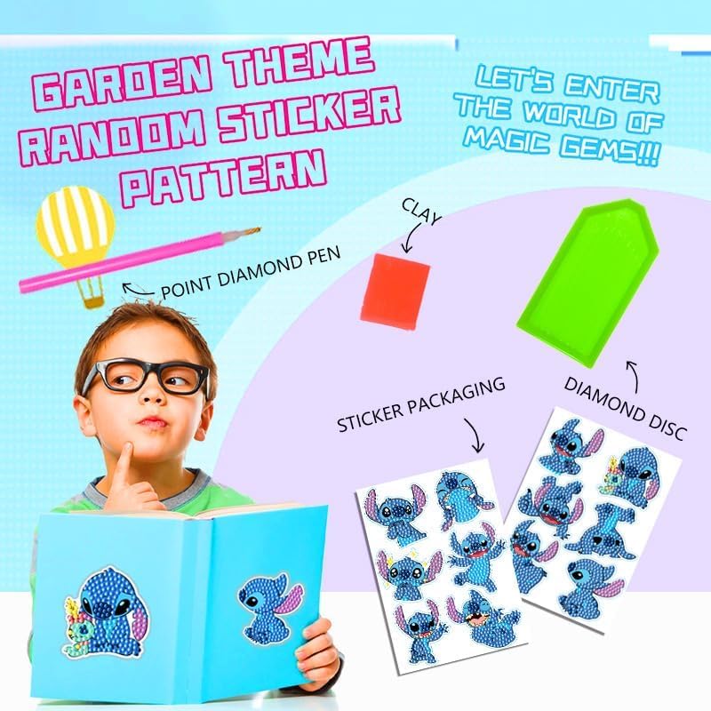 cerfioo Stitch diamond art sticker set showcasing kid-friendly craft activity