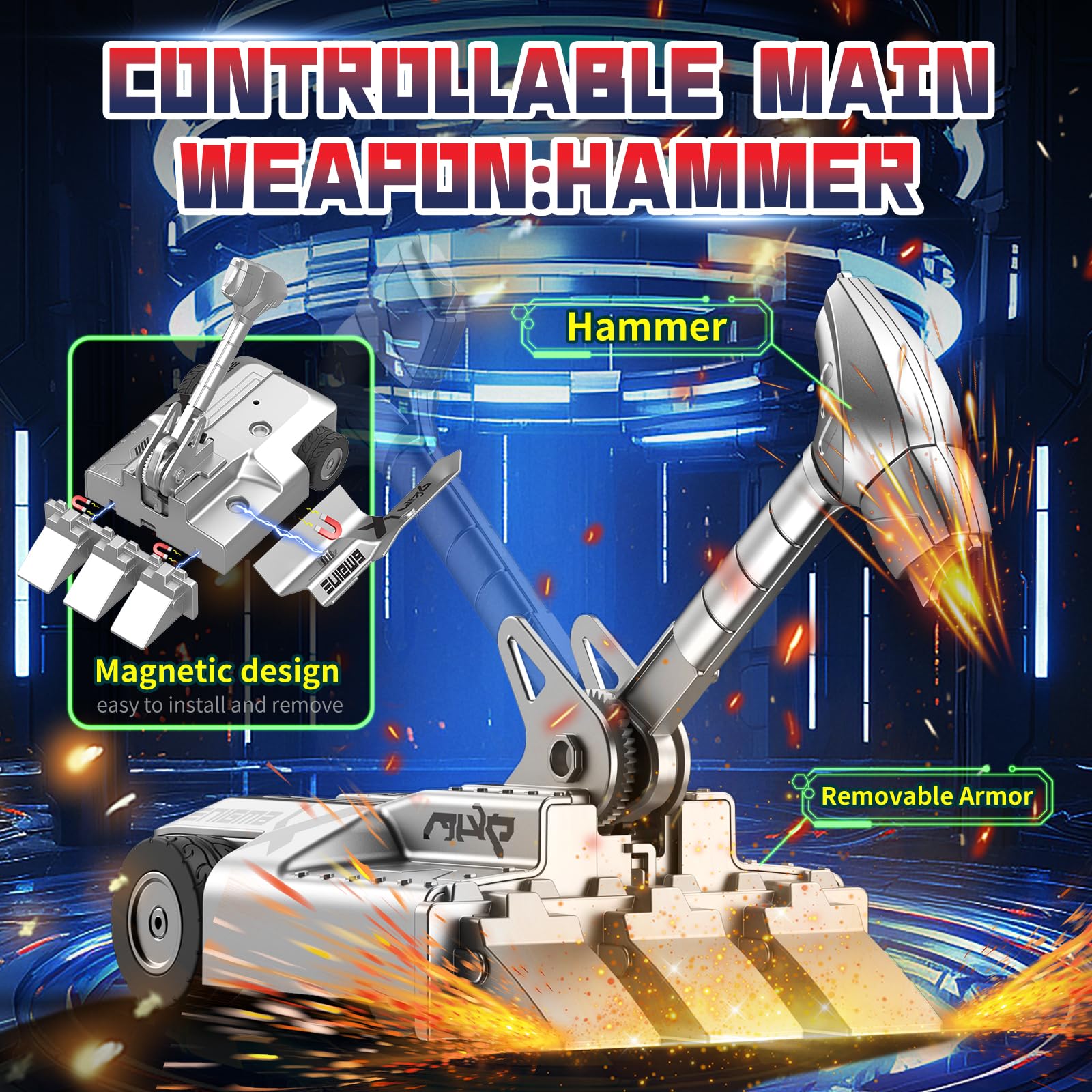 Cetuai RC battle robot hammer action highlight for dramatic hits.
