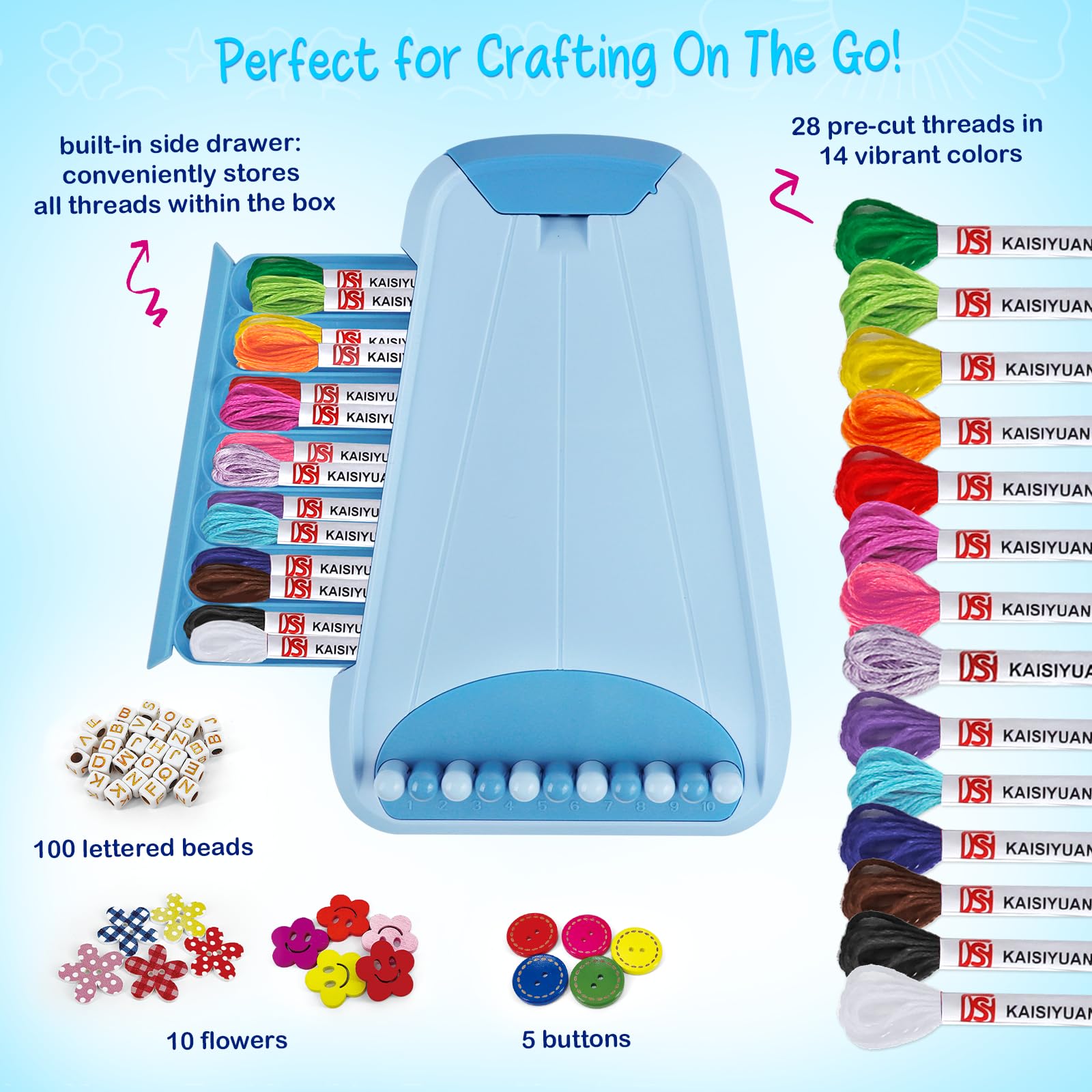 CEUCAL bracelet-making kit side drawer storage shows organized threading.