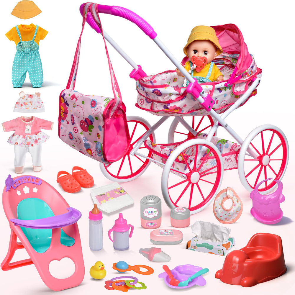 Cewuky Baby Doll Stroller Set stroller in motion with smooth wheels for versatile play indoors and outdoors.