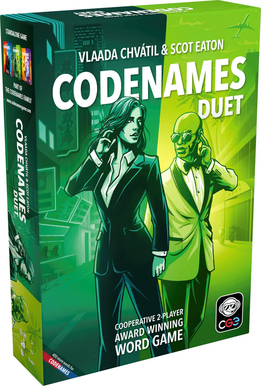CGE Codenames Duet 2nd Edition box front showing cooperative gameplay for two players