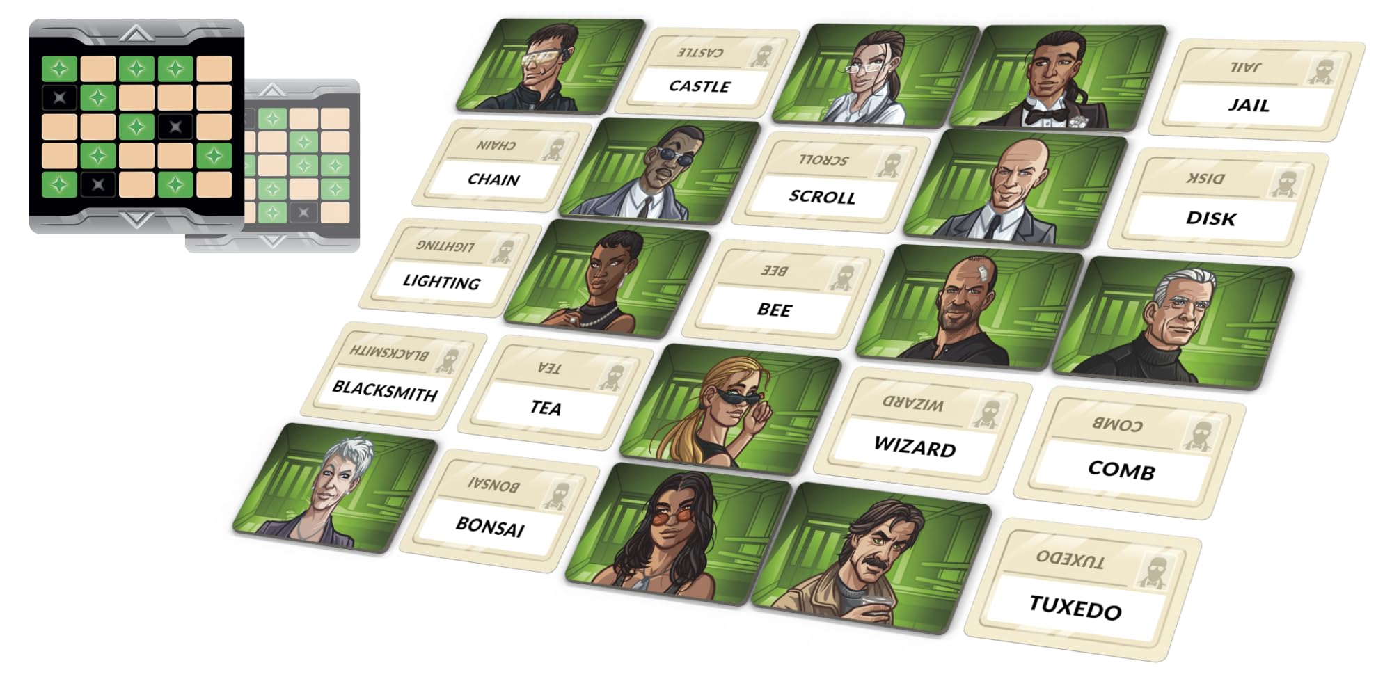 CGE Codenames Duet 2nd Edition 5x5 grid scene ready for teamwork