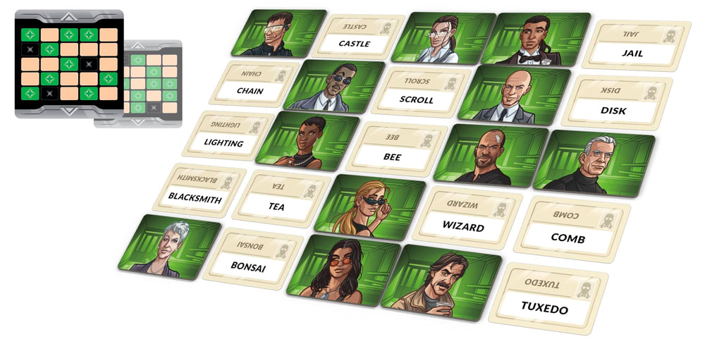CGE Codenames Duet 2nd Edition 5x5 grid scene ready for teamwork