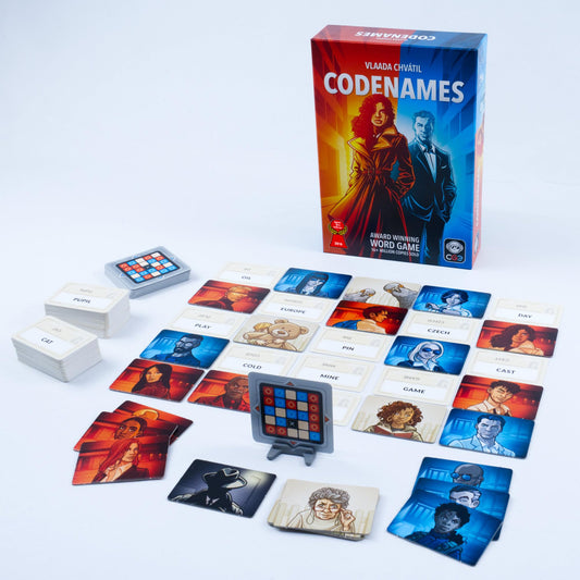 CGE Codenames spymaster clue card with one-word prompts for creative linking.