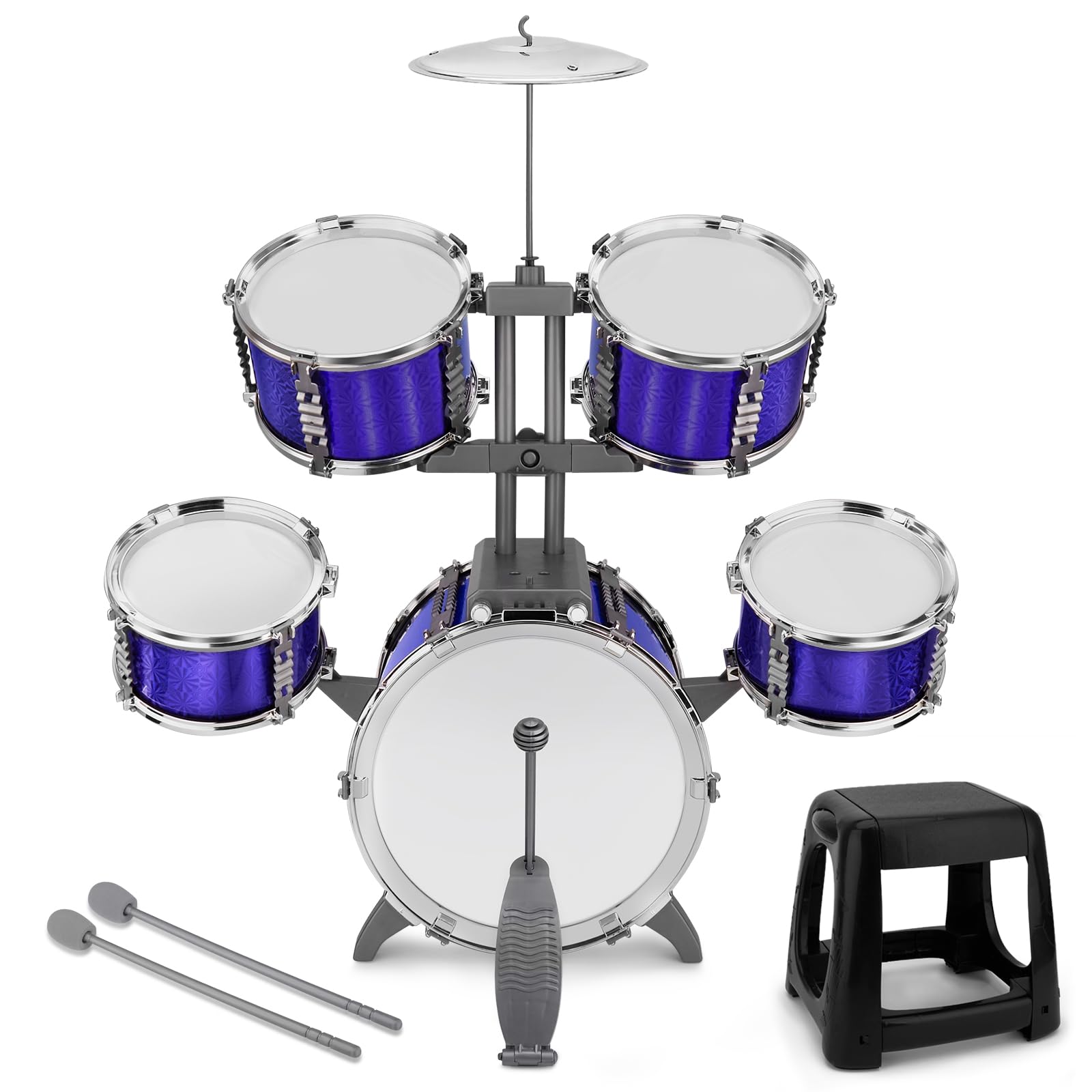 CHADRIGIVS Kids drum set side view highlights sturdy build and ergonomic height.
