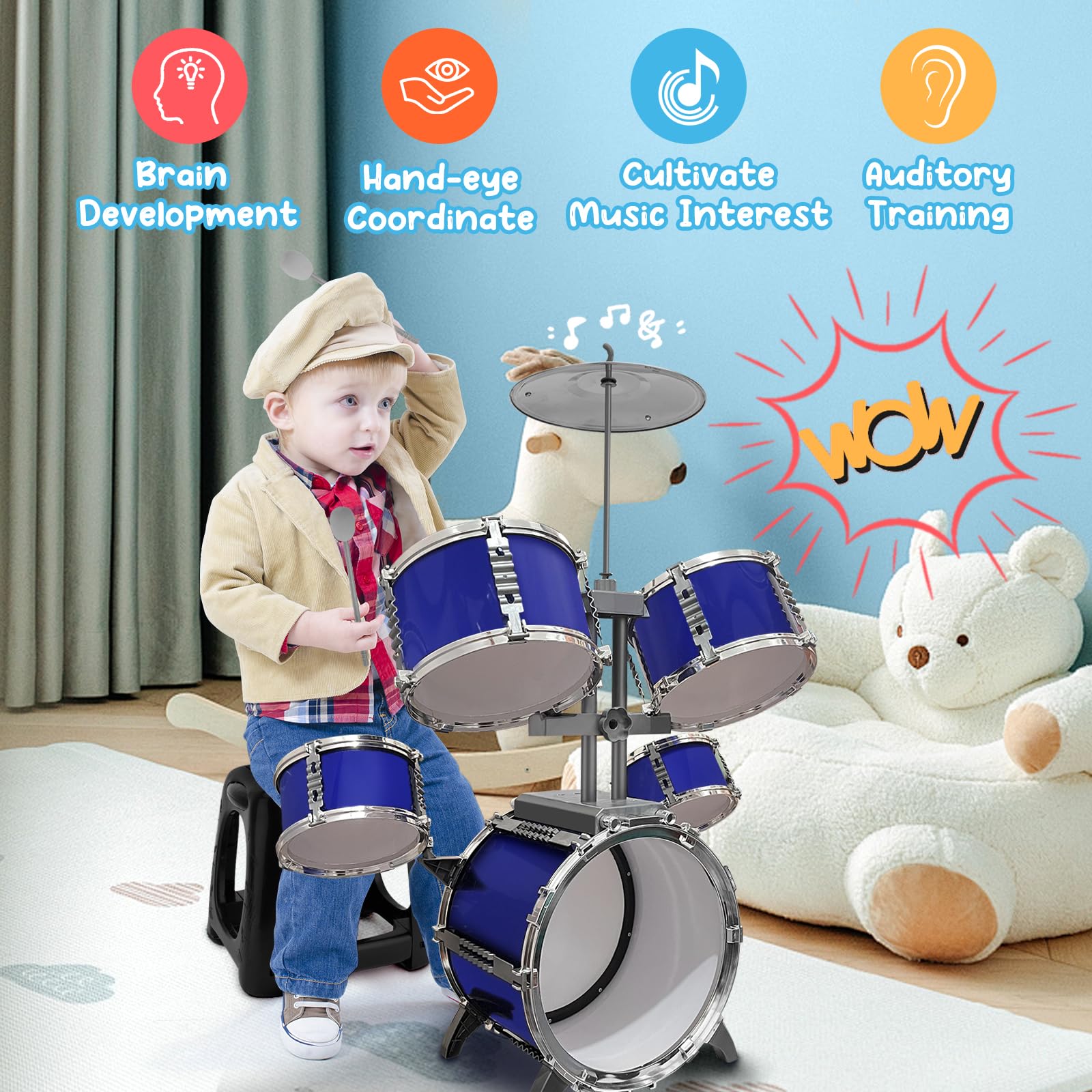 CHADRIGIVS Upgraded Kids Drum Set assembled shows complete playset with pedal and stool.