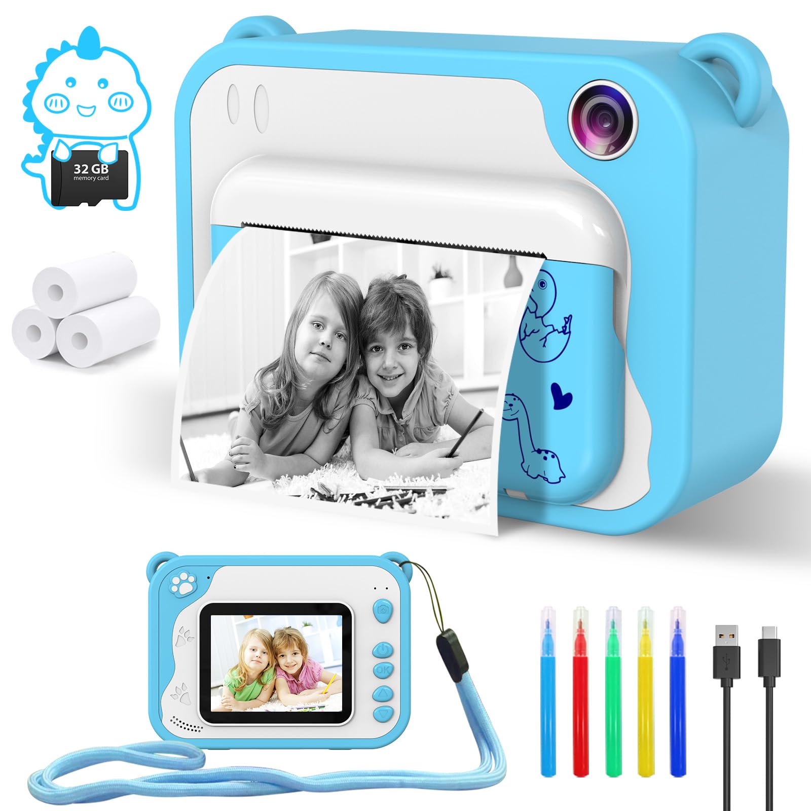CHAKEYAKE Kids Camera front view with instant print for mess-free keepsakes.