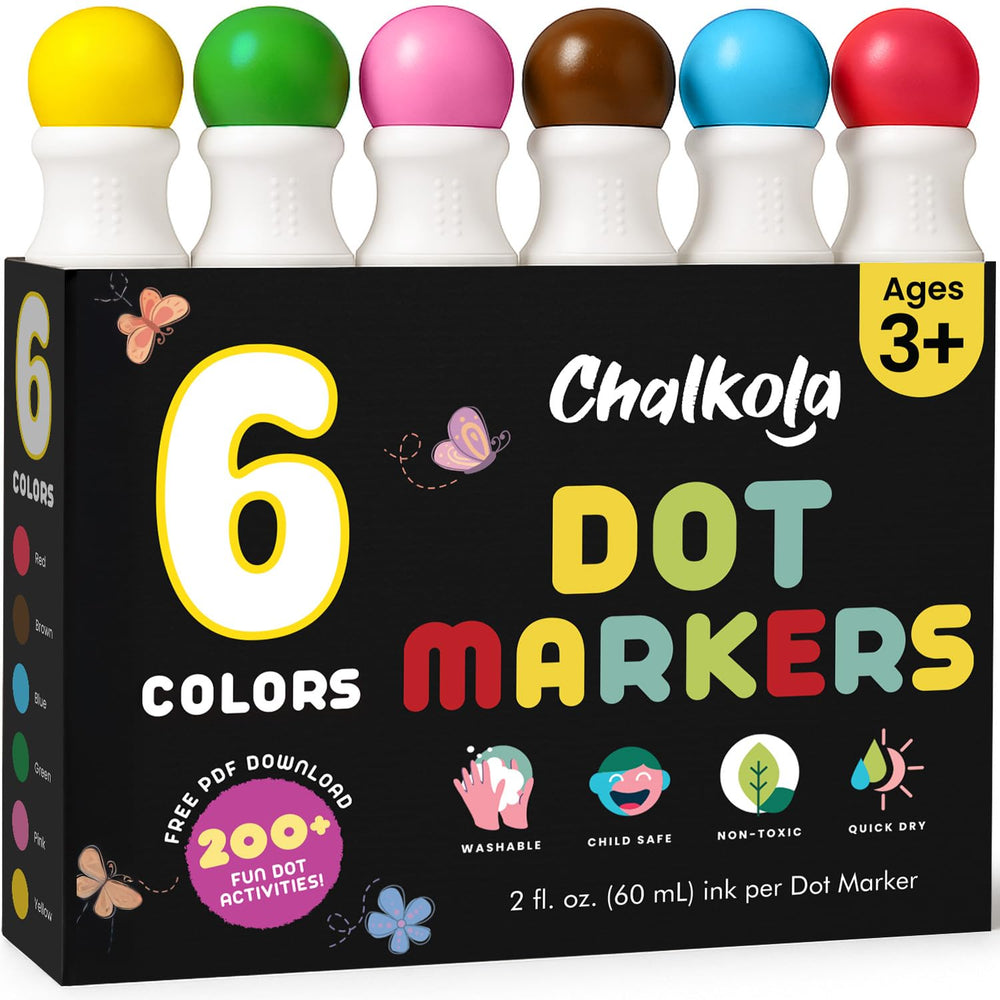 Chalkola six-washable dot markers in vibrant colors for mess-free toddler art.