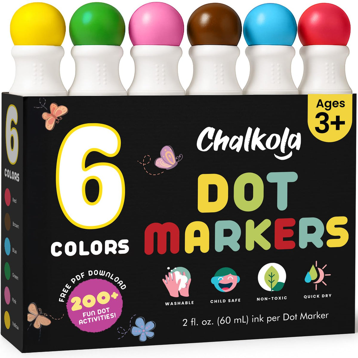 Chalkola six-washable dot markers in vibrant colors for mess-free toddler art.
