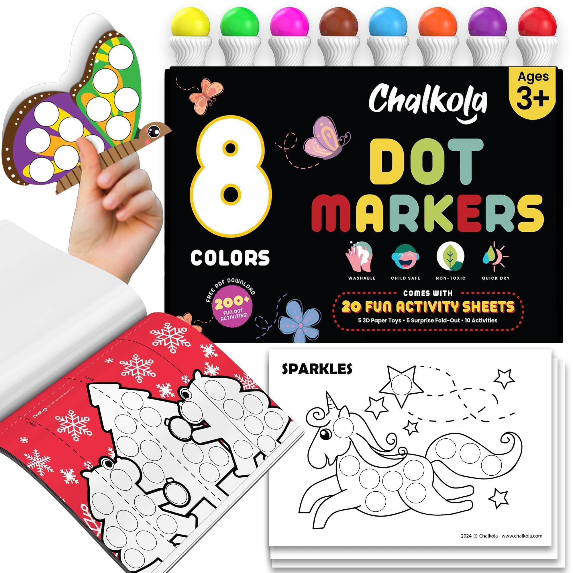 Chalkola 8-washable-dot-markers set for toddlers with vivid colors and easy cleanup.