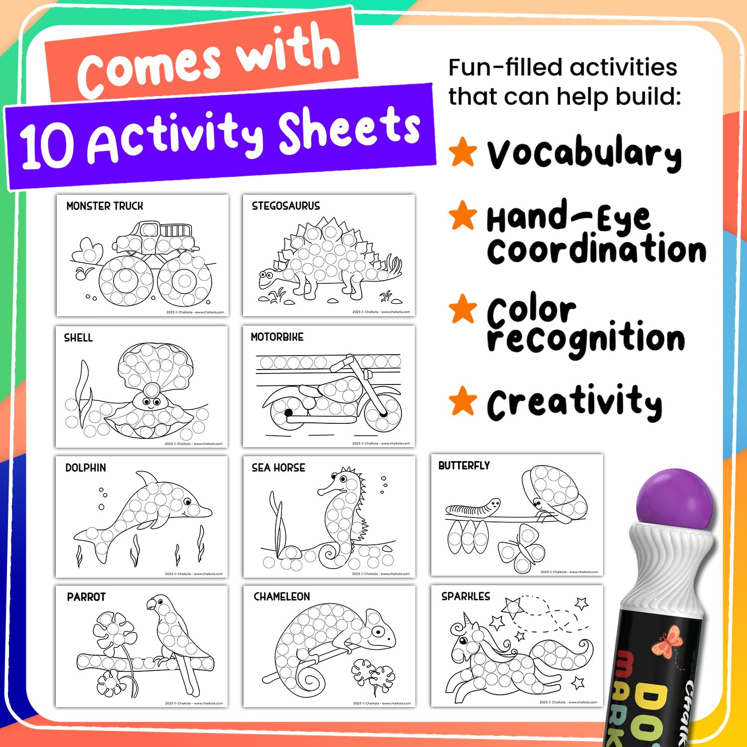 Chalkola colorful washable ink is safe for messy play.