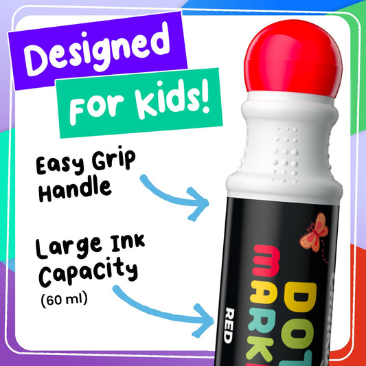Chalkola dot markers close-up showing vibrant ink for quick-drying, kid-friendly art.