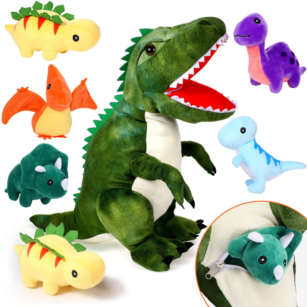 Chalyna plush dinosaur with giant tummy carrier for cuddling and imaginative play.