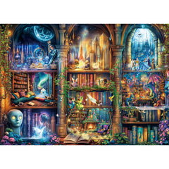 Chalzidar Enchanted Library puzzle cover—immersive fantasy shelves for mindful relaxation