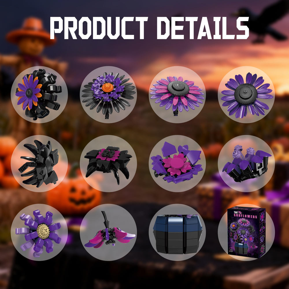 Chanbrick Sunflower Building Set close-up shows detailed pieces in purple-black palette