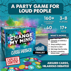 Change My Mind 3-8 player setup shows flexible adult game night.