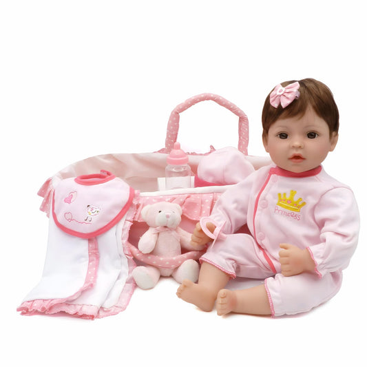 CHAREX Reborn Baby Doll 18-inch with pink cradle enhances nurturing playtime.