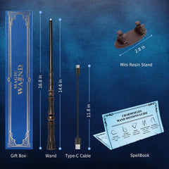 CharmFields light up wizard wand gift set with charging cable and spellbook.