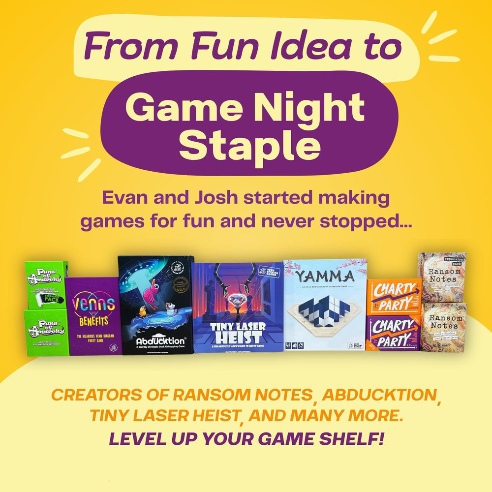 Charty Party game-night box ready for instant hosting as guests arrive.