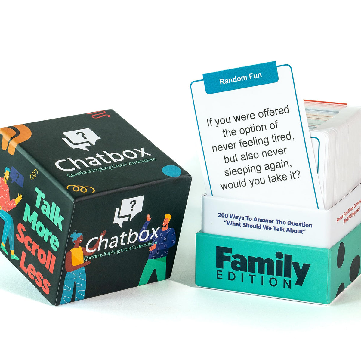 Chatbox 200 prompt cards on a family table spark engaging conversation.