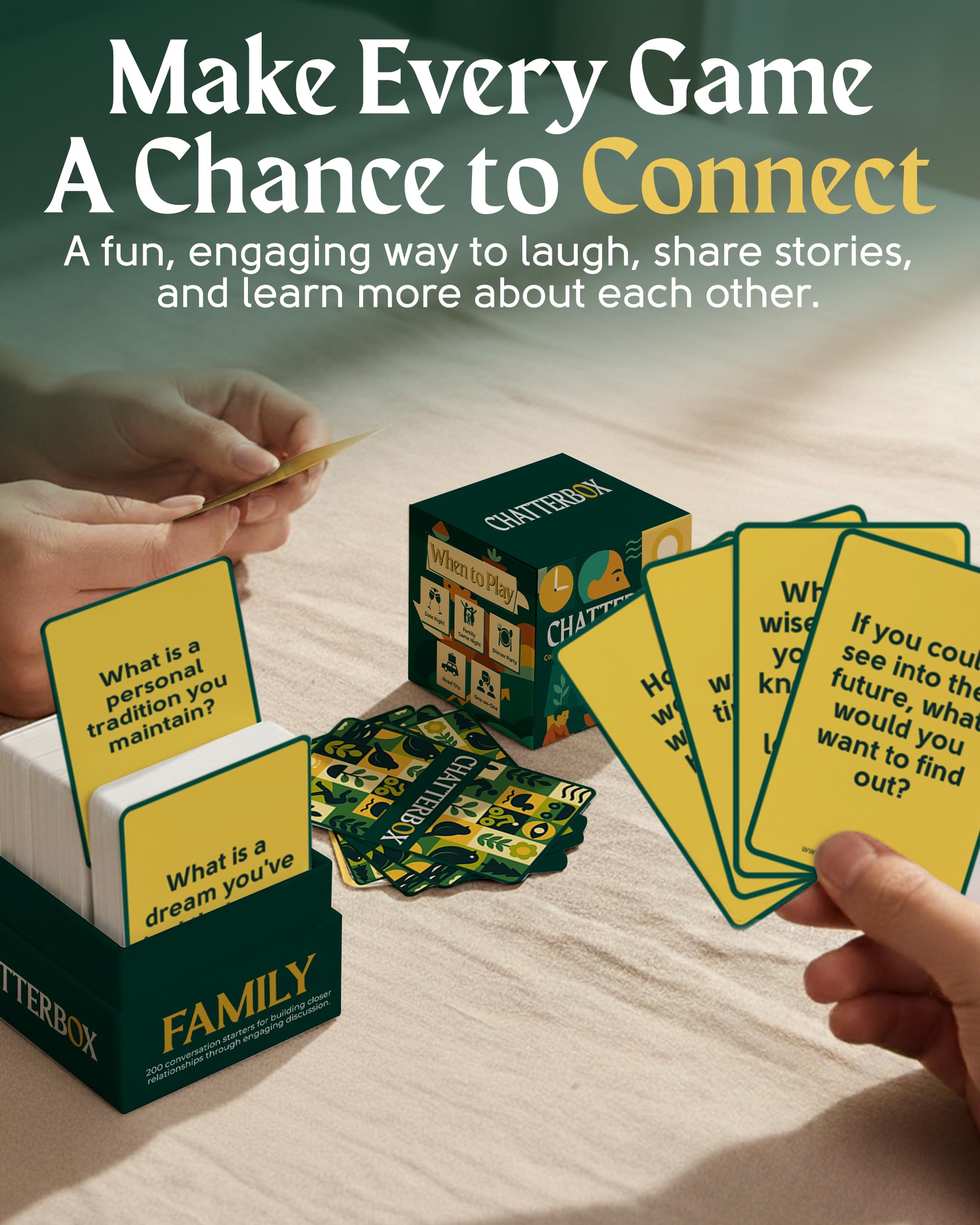 Chatterbox Conversation Cards spread across table during dinner talk.