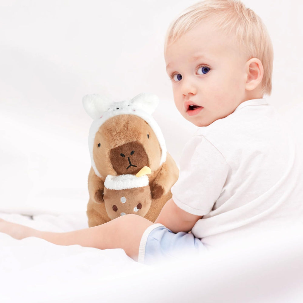 CHDBBLOCK Capybara plush with pearl milk tea design, a unique desk companion