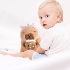 CHDBLOCK Soft texture unicorn capybara plush emphasizing ultra-soft feel.