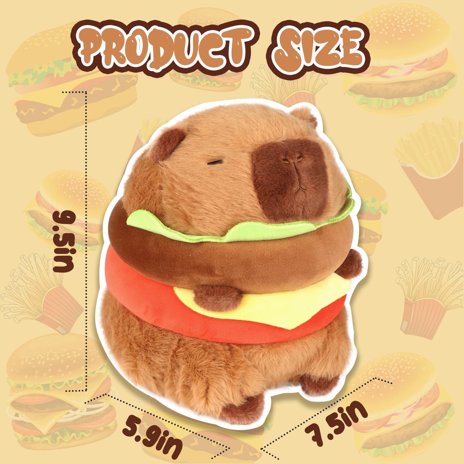CHDBLOCK hamburger capybara plush side view, soft texture ideal for cuddling