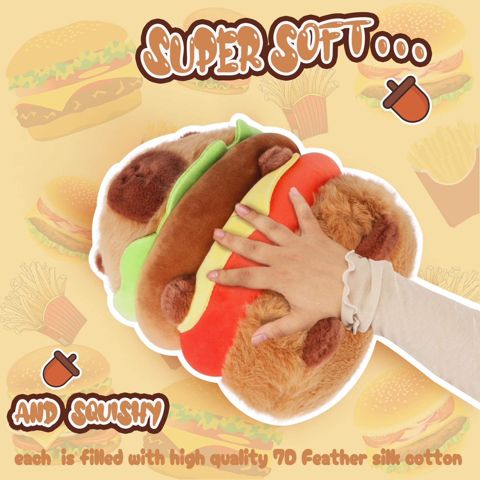 CHDBLOCK hamburger capybara plush face detail, adorable expression sparks joy