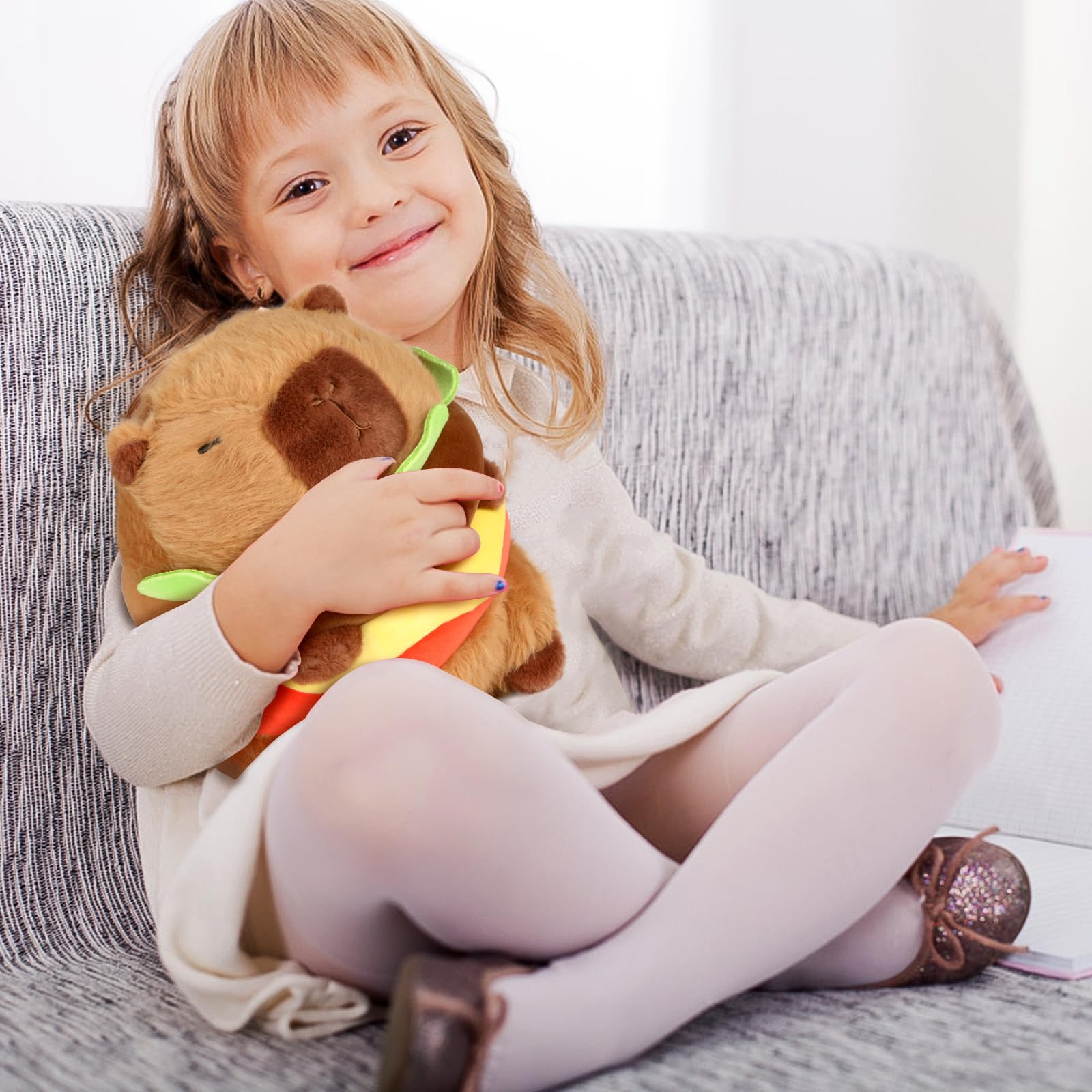CHDBLOCK hamburger capybara plush in hands, comforting companion during downtime