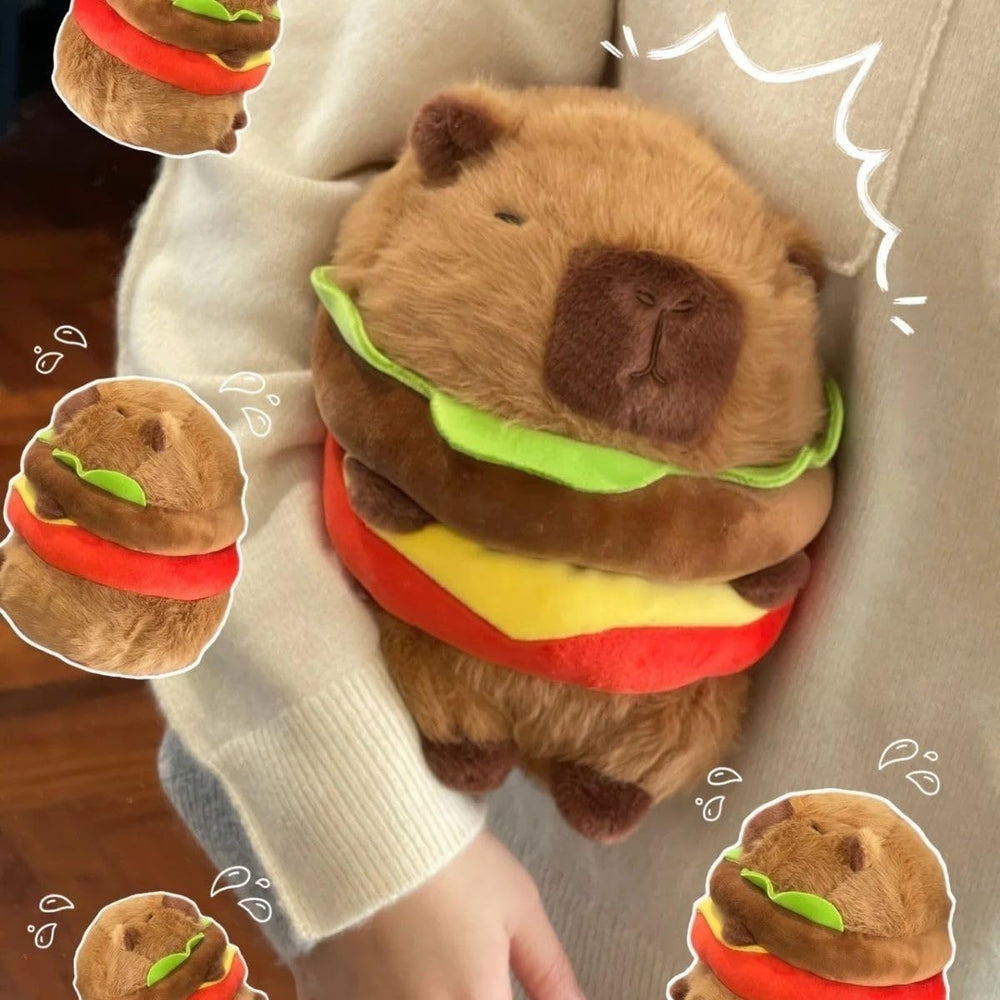 CHDBLOCK hamburger capybara plush texture closeup, premium cotton feel