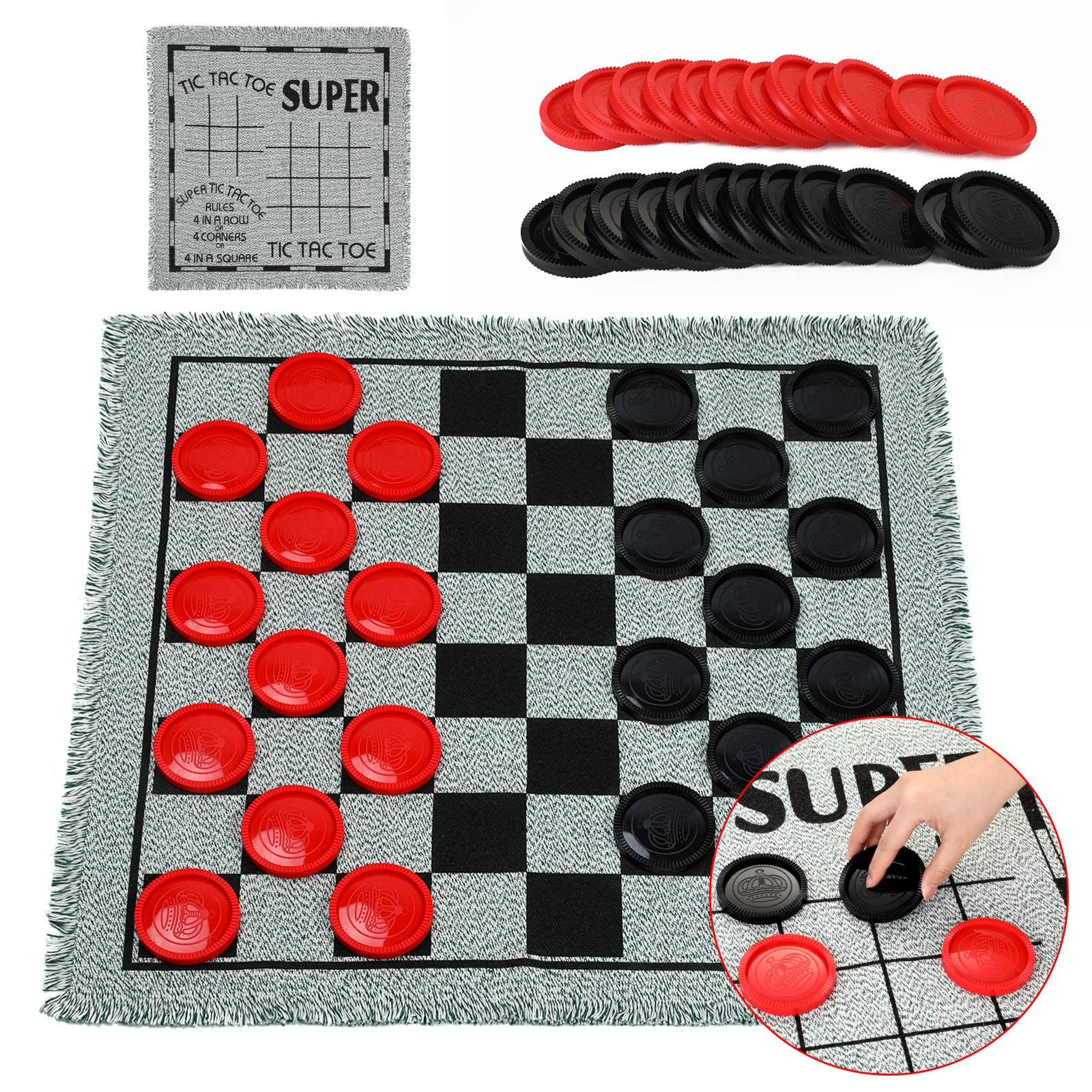 Chdousha giant checkers board front view with oversized pieces for outdoor fun.