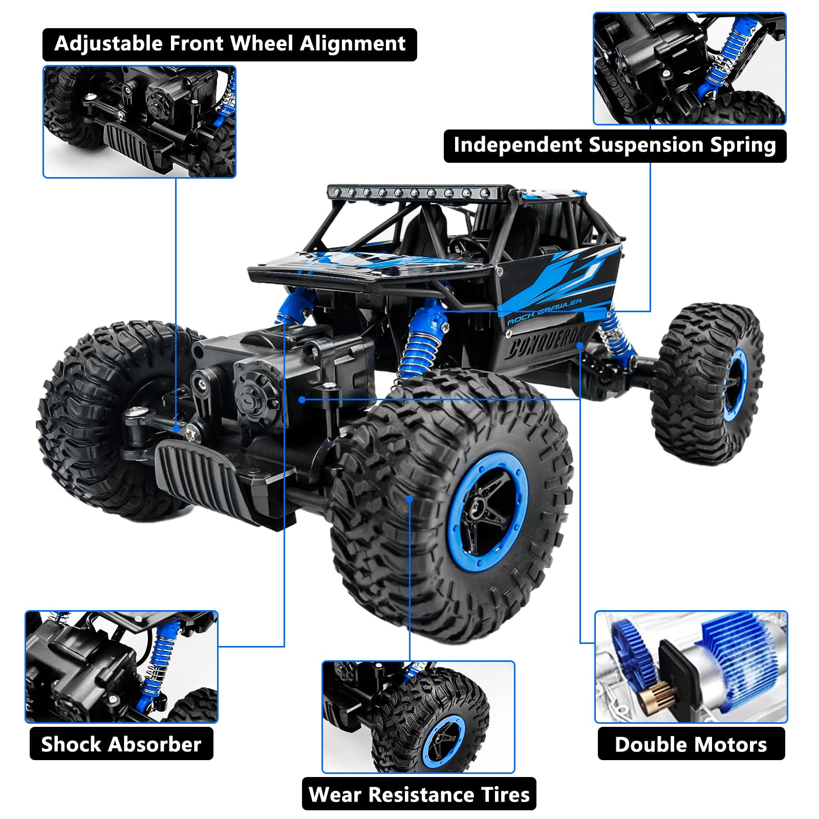 Cheerwing rock crawler 1:18 blue rear view reveals sturdy chassis