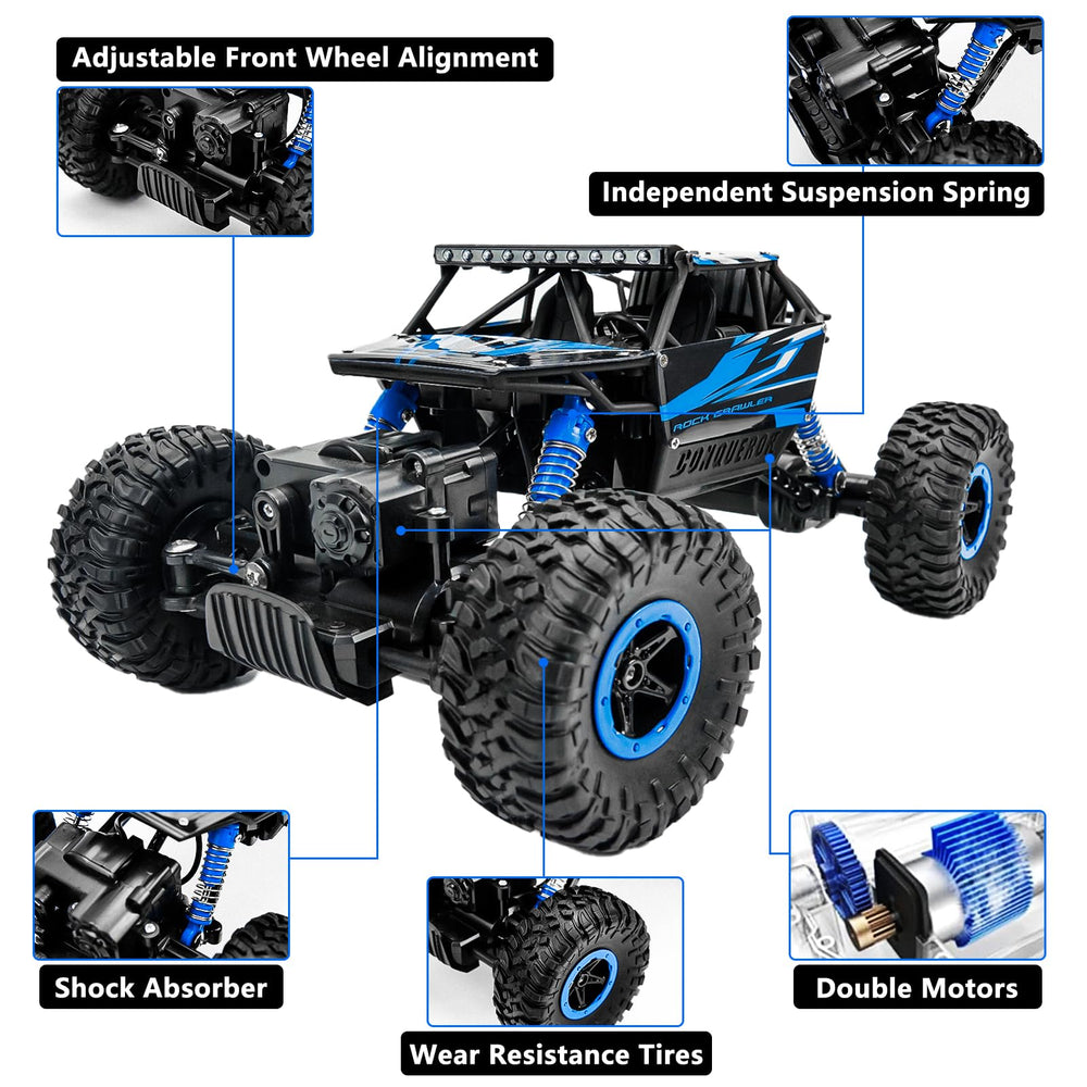Cheerwing rock crawler 1:18 blue rear view reveals sturdy chassis
