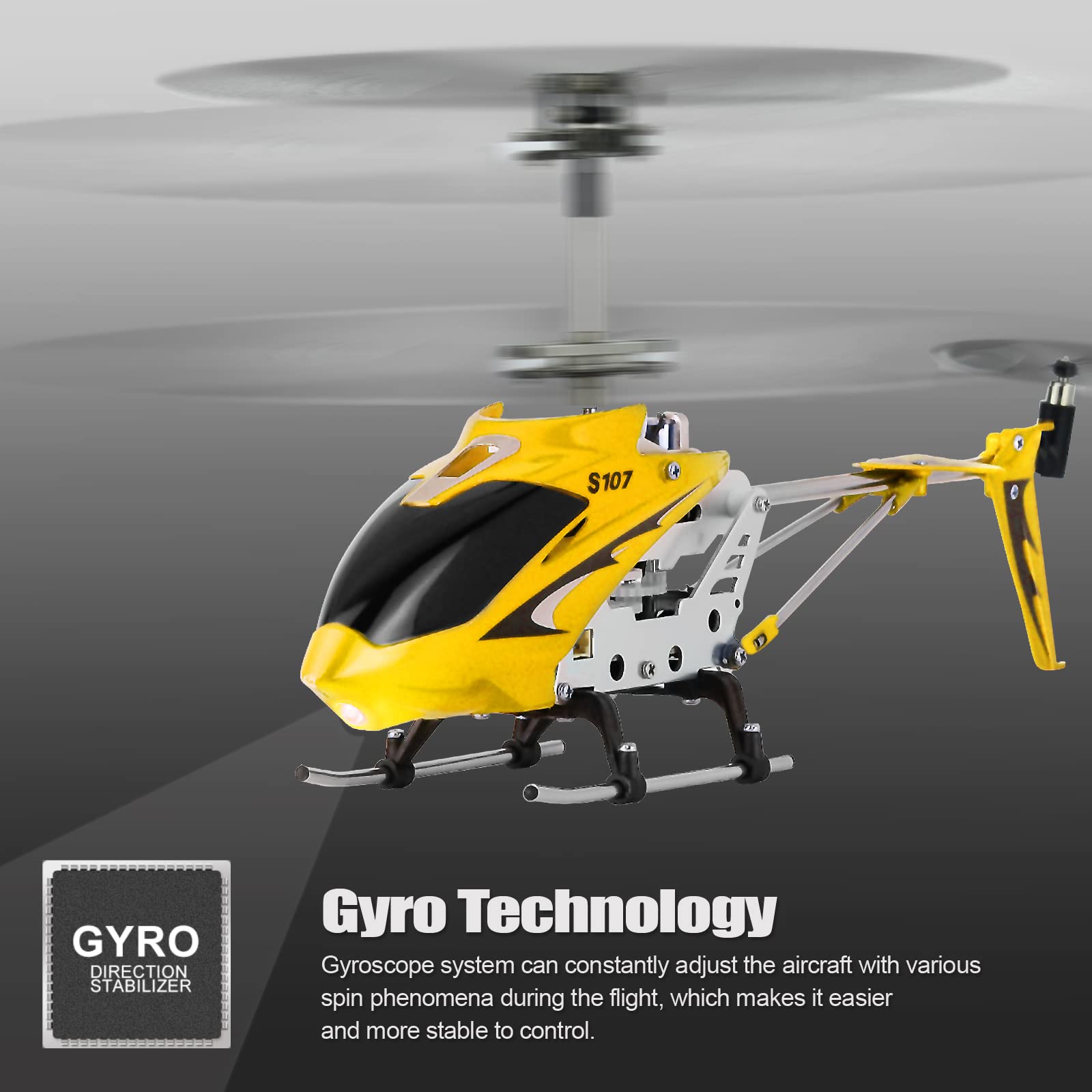 Cheerwing S107 Phantom yellow top view highlights compact frame and stability features.