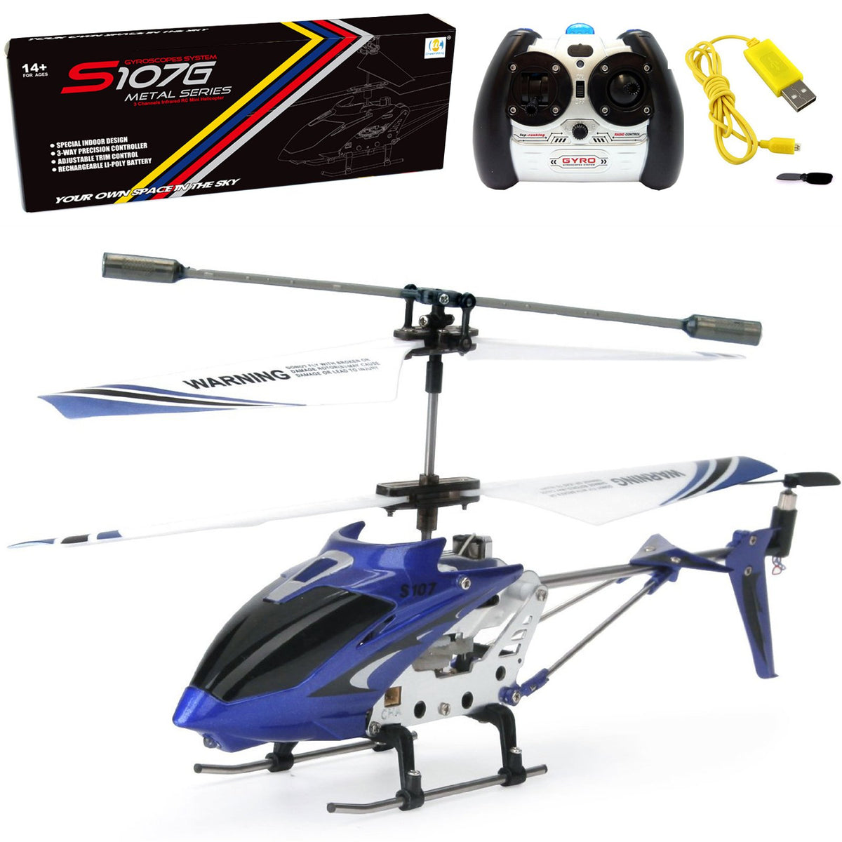 Cheerwing S107G Phantom blue mini helicopter in flight with gyro stability.