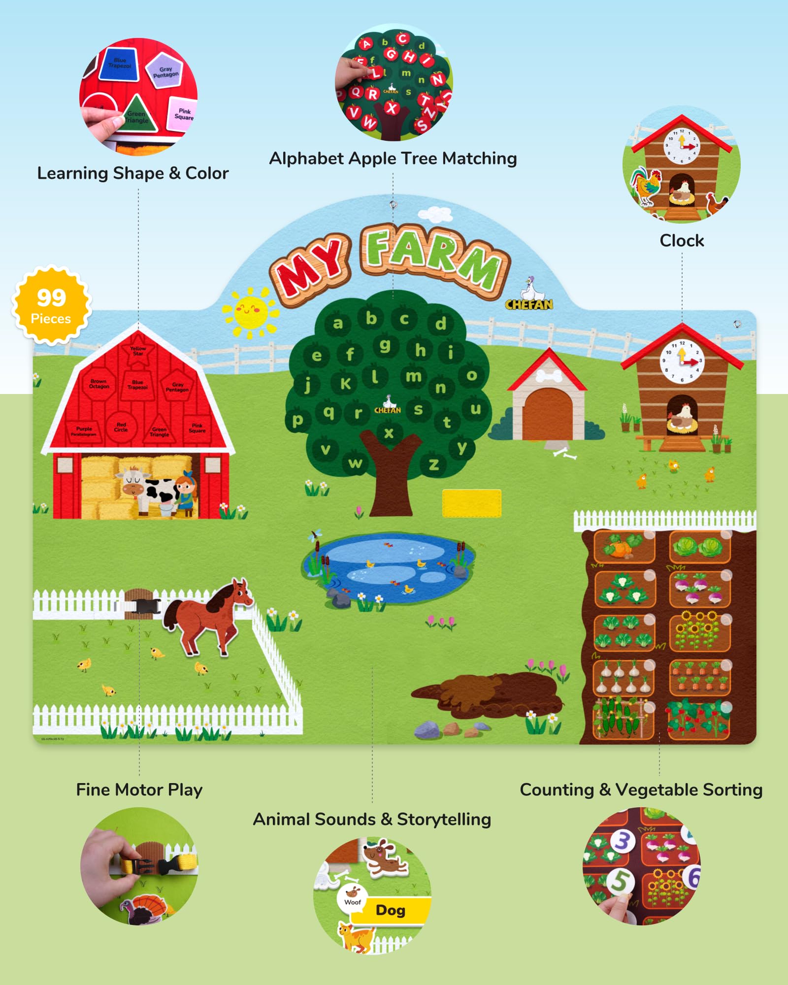 CHEFAN 99 felt pieces variety enabling creative farm scenes and language play.