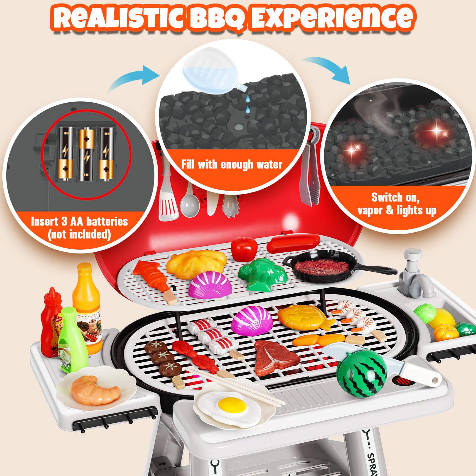 Cheffun Kids Grill Playset expandable side table supports chopping and organized play.