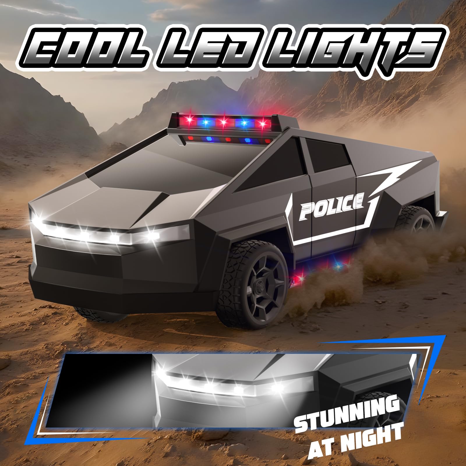 Cheffun police RC car side view showcases durable 4WD design.