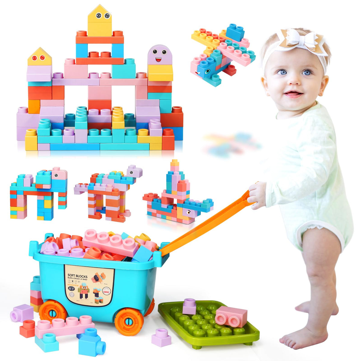 Chenxuanbro large particle soft blocks with handcart encourage safe, coordinated play and storage.