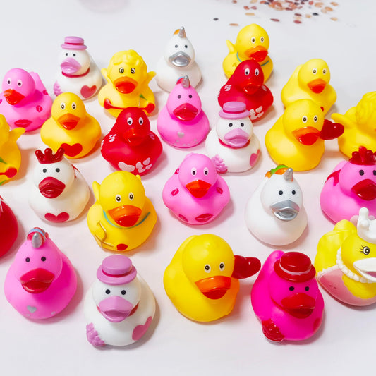Cherislpy Valentines ducks close-up faces highlight friendly designs for kids' bath time.