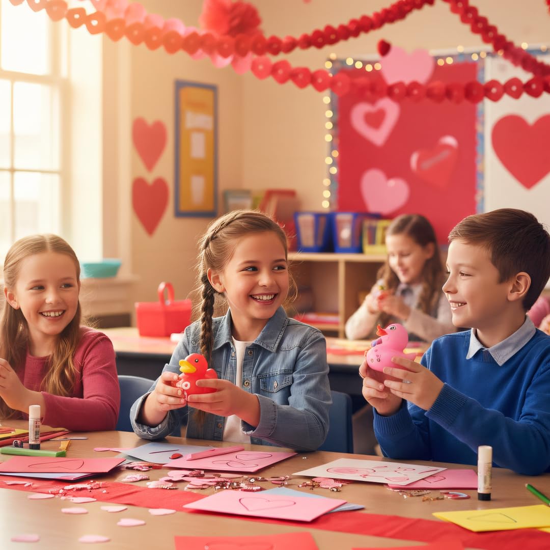 Cherislpy Valentines ducks arranged as party favors create festive décor.