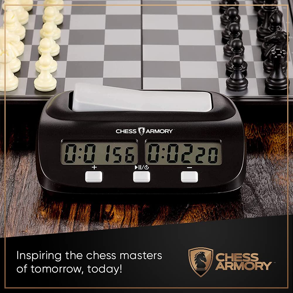 Chess Armory Digital Chess Clock side angle showing its compact, travel-ready design.