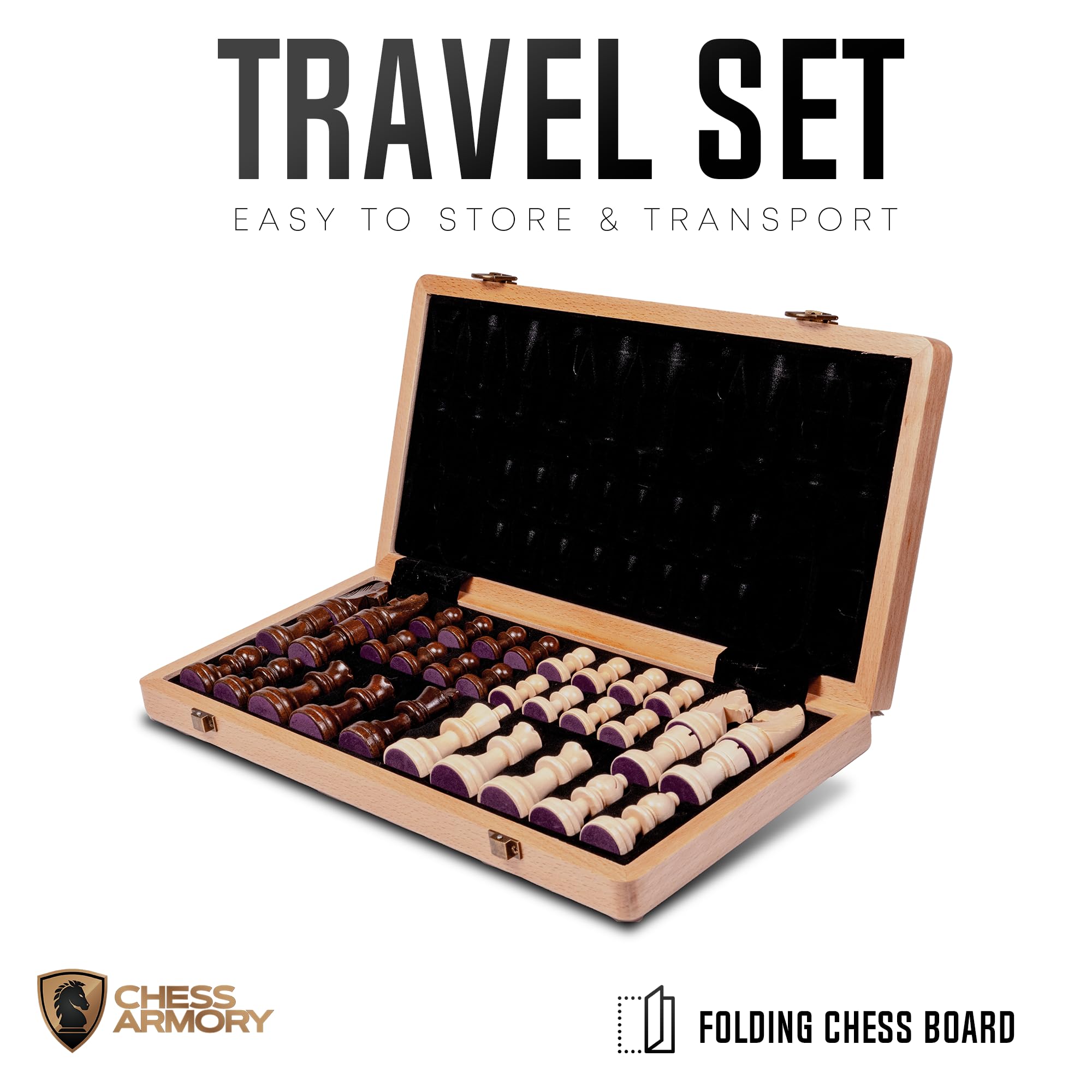 Folding compact design of Chess Armory chess set for easy transport.