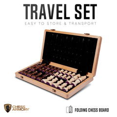 Folding compact design of Chess Armory chess set for easy transport.
