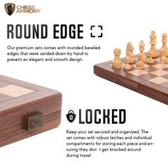 Chess Armory portable wood case with internal storage keeps pieces secure.