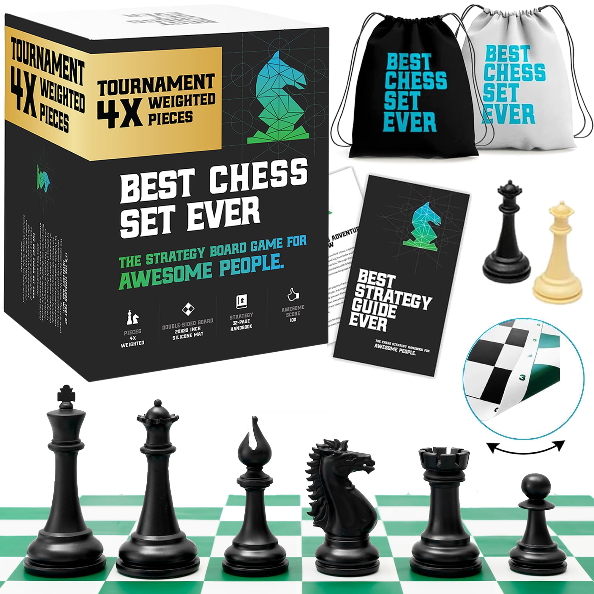 Chess Geeks best chess set ever with quadruple weighted pieces for bold play